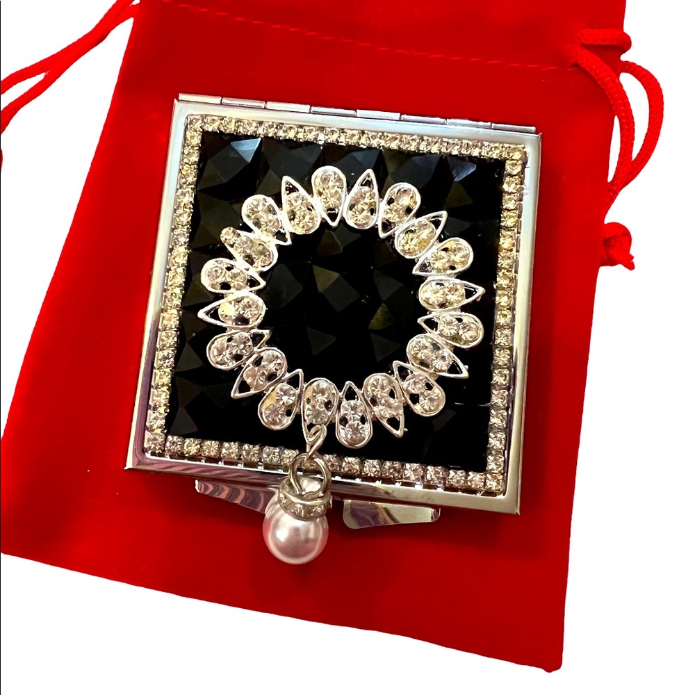 BLACK CRYSTAL EMBELLISHED DOUBLE  MIRRORED COMPACT WITH DANGLING FAUX PEARL